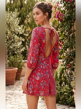 Free People Red Floral Backless V-Neck Dress